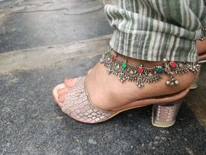 black flats and onion pink heels