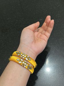 Yellow Silk Thread Bangles with Stones