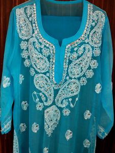 Blue Chikankari Kurta with Mirror Work