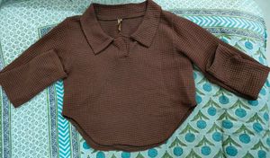 Brown Waffle Knit Collared Top