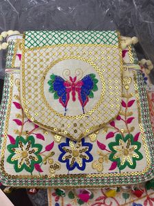 Off White Butterfly Sequins Embroidered Sling Bag