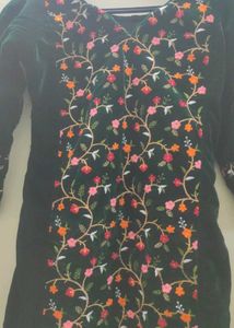 Embroidered Velvet Kurti Set