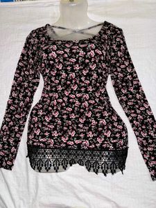 Floral Print Long Sleeve Top with Lace Trim