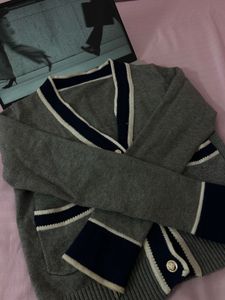 Grey V-Neck Cardigan with Navy Trim