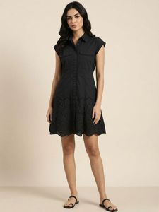 Chic Black Shirt Dress with Lace Detail🖤