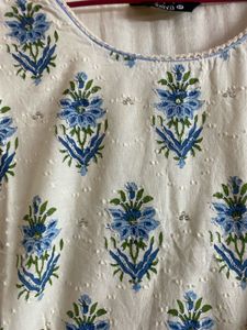 Elegant Cream Kurta with Blue Floral Embroidery