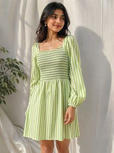 Green Striped Square Neck Dress