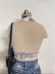 Sheer Polka Dot Ruched Crop Top