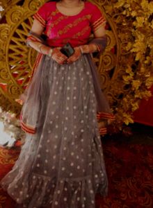 Grey Lehanga Rani Pink Blouse With Gre Dupatta