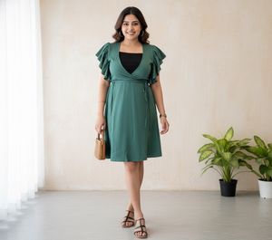 Women Ruffled Sleeve Wrap Dress
