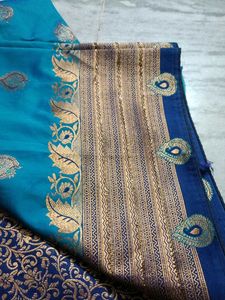 Beautiful Teal Silk Saree with Gold Weave and comp