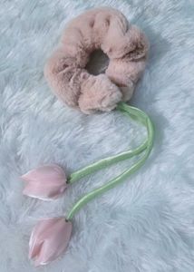 Faux Fur Scrunchie with Tulip charm and pink hair