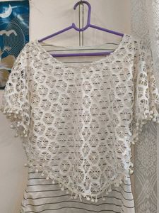 White Lace Poncho Top with Pom-Pom Trim