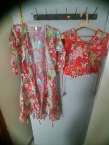 Floral Embroidered pink crop top with plazzo