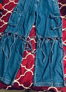Denim Cargo Pants with Ties