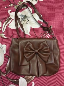 Brown Faux Leather Shoulder Bag with Bow