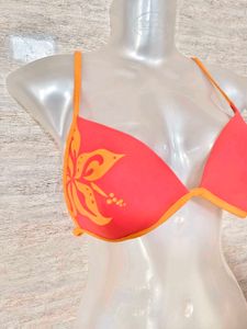 Vibrant Red Bikini Top with Tropical Print