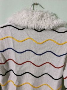 Fur Collar Striped Knit Sweater