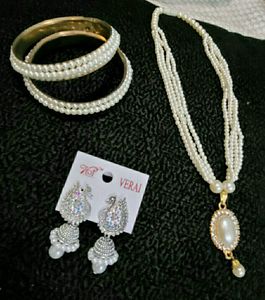 Set White Moti Necklace,Earrings,Bangles