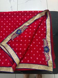 Vibrant Red Saree with Floral Embroidery
