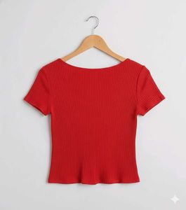 Red Ribbed Button-Front Top