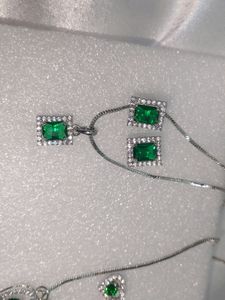 American Diamond Silver Green Pendant Set
