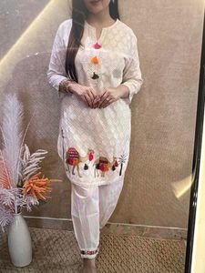 White Kurta Set with Camel Embroidery