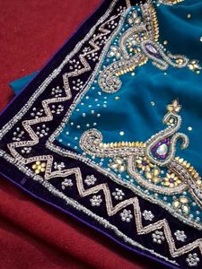 sky bluecolour georget with Violet velvet work bor