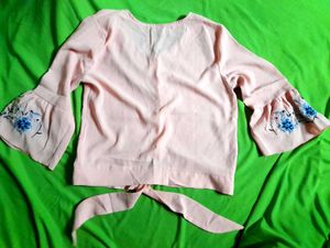 Korean Floral Embroidery Bell Sleeve Pink Crop Top