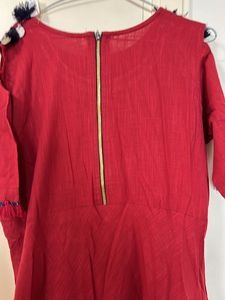 Red Cotton Cold Shoulder Maxi Dress