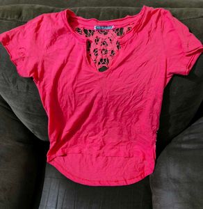 Hot Pink V-Neck Lace Back T-Shirt