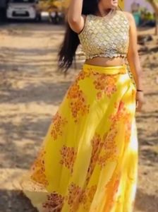 Yellow Floral Lehenga Set with Embellished Top