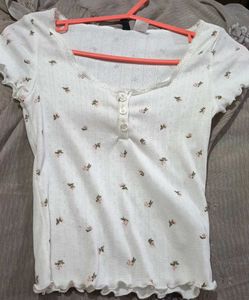 White Floral Print Henley Top