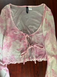H&amp;M Sheer Butterfly Tie Front Top