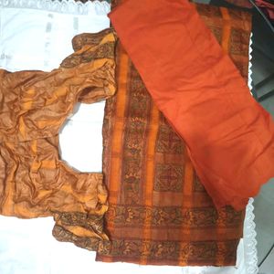 Orange Printed Saree With Blouse