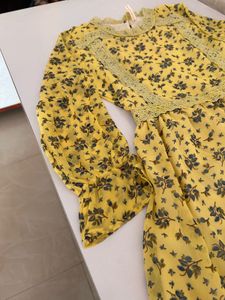 Yellow Floral Midi Dress with Lace Detail
