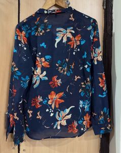 Navy Blue Floral Print Long Sleeve Top