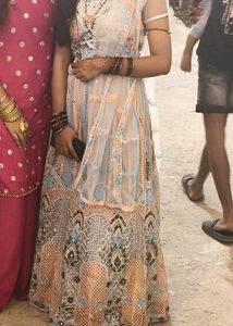 Elegant Blue &amp; Peach Embroidered Lehenga
