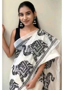 Elegant White Elephant Print Saree