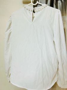 Elegant Pearl Neckline White Top