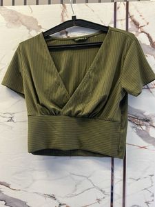 Olive Green Ribbed V-Neck Crop Top, Bust- 34