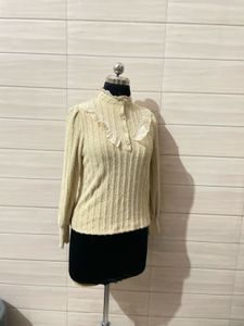 korean Imported Chic Ribbed Ruffle Neck Long Sleev