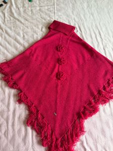 Chic Pink Knit Poncho with Flowers