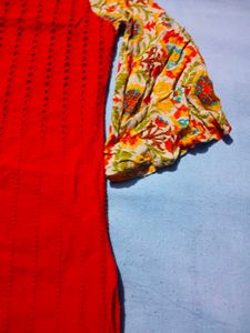 Vibrant Red Kurta with Floral Sleeves