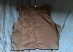 Brown Ribbed Tank Top with Butterfly Embroidery