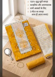 Yellow Printed dress material with Mirror Work