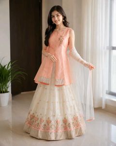 Elegant Peach & Cream Embroidered Lehenga Set