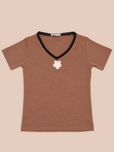 Brown V-Neck Lace Trim T-Shirt