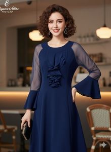 Elegant Navy Blue Sheer Sleeve Dress