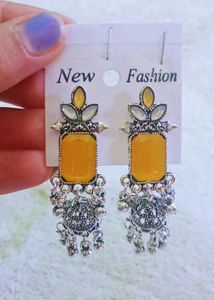 Yellow Stone Dangle Oxidised Earrings